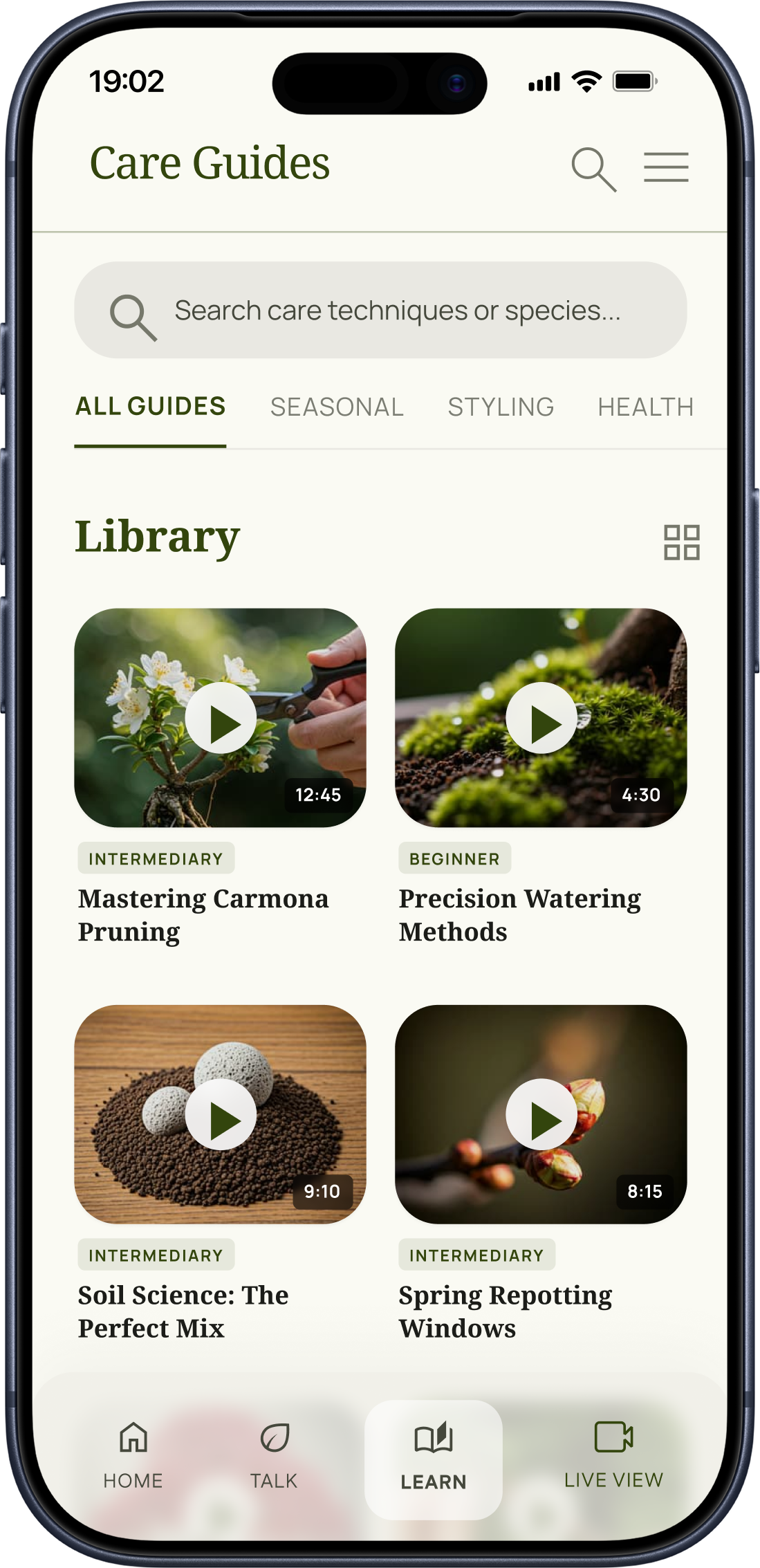 Hi Bonsai app care guides screen